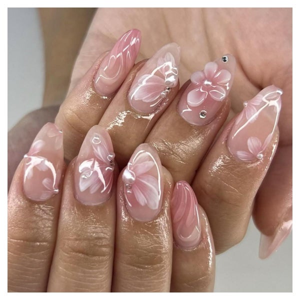 Press On Nails Kurz Mandel Nude 3D Blumen Strass AKD37 1 St