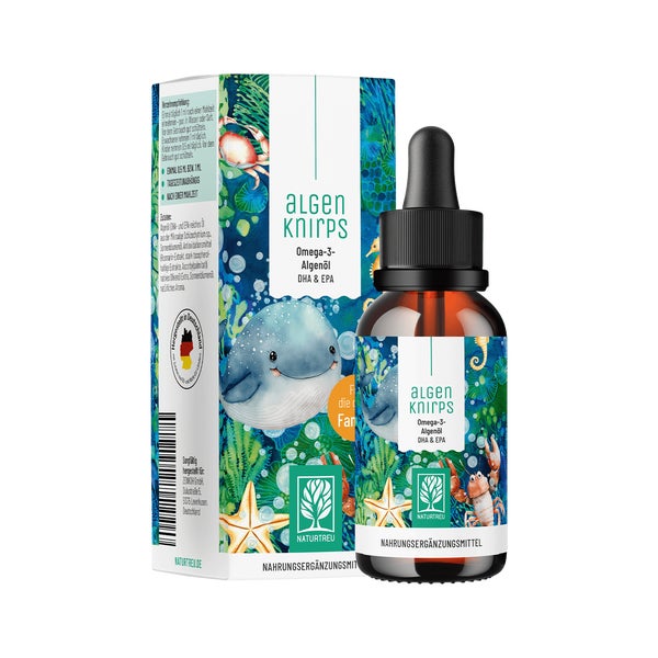 Omega 3 Algenöl Tropfen für Kinder ab 4 Jahren - Docosahexaensäure (DHA) und Eicosapentaensäure (EPA) - ALGENKNIRPS - 50 ml für 50 Tage - NATURTREU® 50 ml