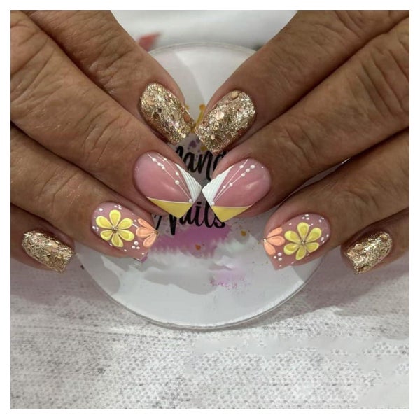 Press On Nails Square Weiß French V 3D Blumen Gold Glitzer F 1 St