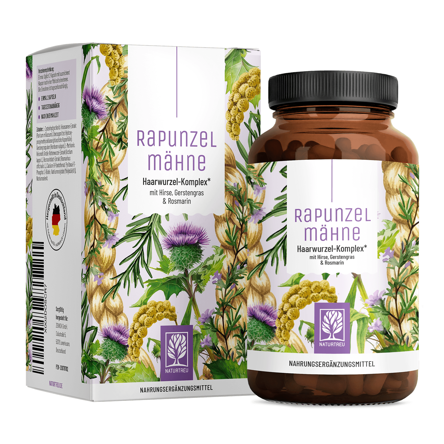 Haarwurzel Komplex aus Hirse, Gerstengras & Rosmarin vereint mit Aminosäuren, Biotin, Selen, Molybdän, Vitamin B6 & B5  - RAPUNZELMÄHNE - 120 vegane Kapseln - NATURTREU® 120 St