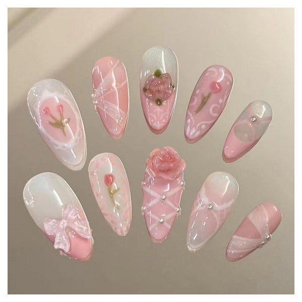 24er Set Y2K Nail Art Falschnagel Cute Almond 3D Charms Glit 1 St