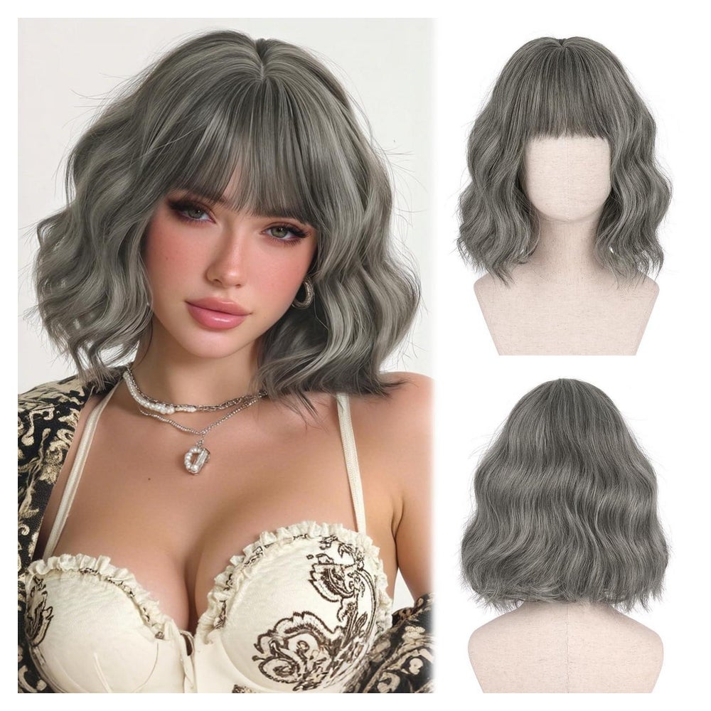 Perücke Bob Pony Damen synthetisch lockig 30cm Nebliges Silb 1 St