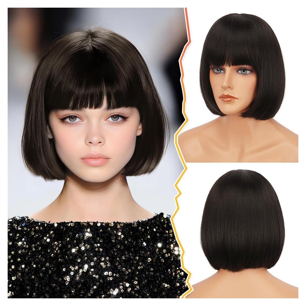 Perücke Kurz Bob Braun Pony Damen 30cm Kinnlang Dunkel Braun 1 St