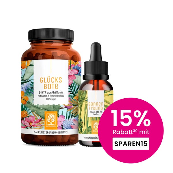 Winterblues-Paket: 5 HTP (Griffonia) & Vitamin D3 + K2 (2.000 I.E.) in einem veganen Bundle - GLÜCKSBOTE & SONNENFREUND - NATURTREU® 74.0 g