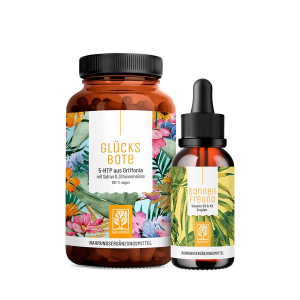 Winterblues-Paket: 5 HTP (Griffonia) & Vitamin D3 + K2 (2.000 I.E.) in einem veganen Bundle - GLÜCKSBOTE & SONNENFREUND - NATURTREU® 74.0 g