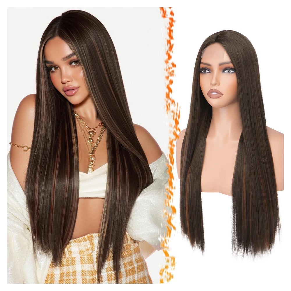 Perücke synthetisch Spitzenfront Braun mit Auburn Highlights 1 St