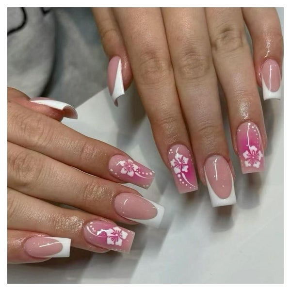 Fake Nails Lang Square Nude French Blumen Rosa Airbrushing F 1 St