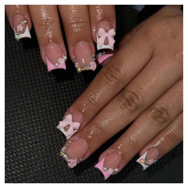 Kunstnägel 24 Kurz Eckig Rose Weiß Schleife Strass 2pink&amp 1 St