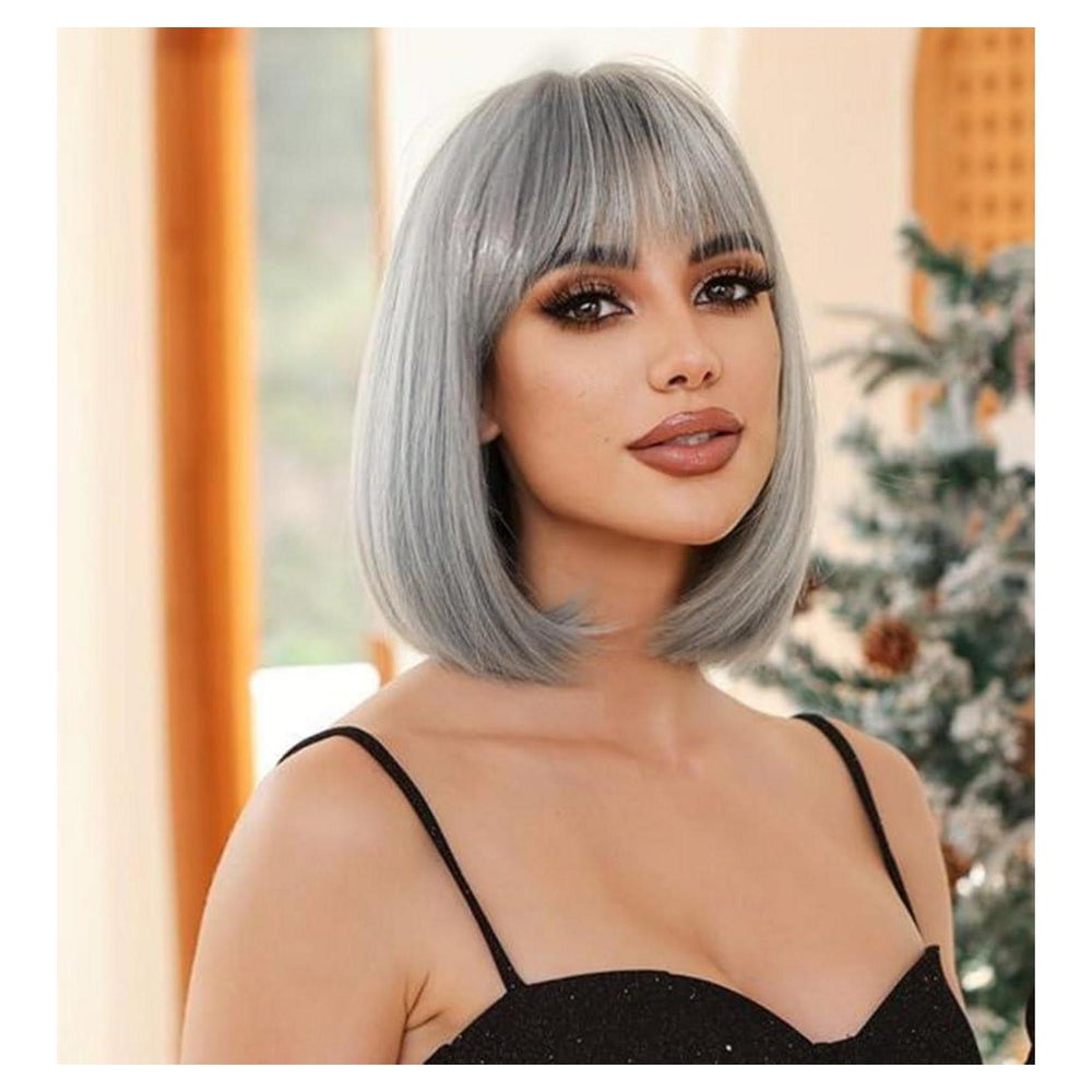 Perücke kurzer Bob silbergrau mit Pony synthetisch 1 St