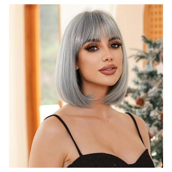 Perücke kurzer Bob silbergrau mit Pony synthetisch 1 St