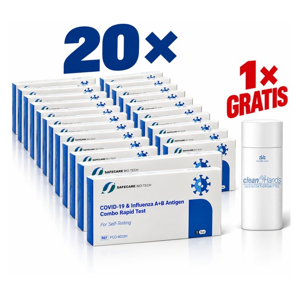 20 x Safecare 3in1 Kombitest - Covid19 + Influenza A + B  & Gratis ZWZ Desinfektionsmittel 20 St