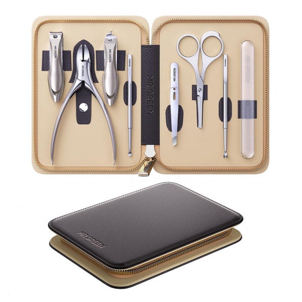 MR.GREEN 8-in-1 Maniküre Pediküre Set mit Echtleder Etui, Edles Black