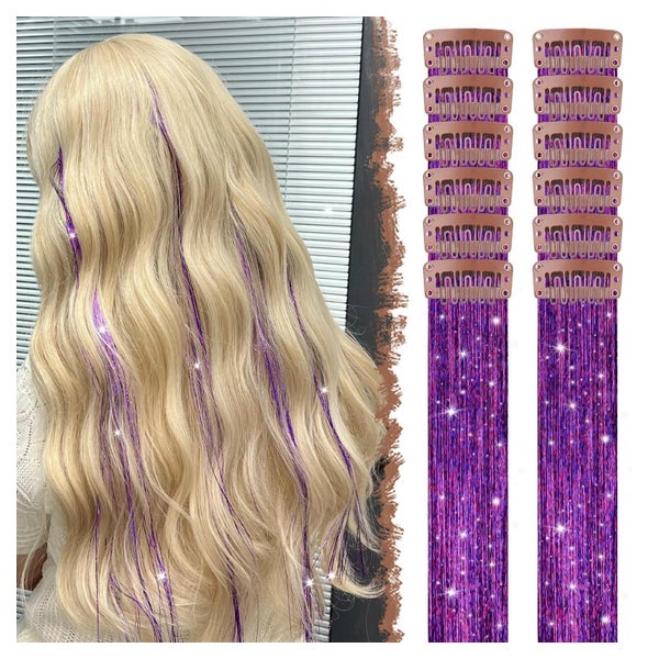 Haartinsel Clipin 12 Haarsträhnen Glitzer 50cm Mädchen Lila- 1 St
