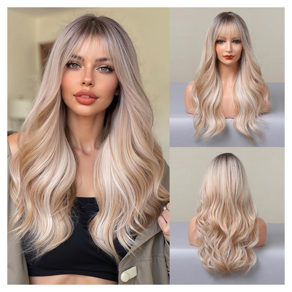 Perücke Ombre Blond Dunkelwurzeln Lockig Synthetisch Blonde 1 St