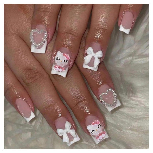 Kunstnägel Kurz Square French Rosa 3D Kitty Nagelkleber AQ6 1 St