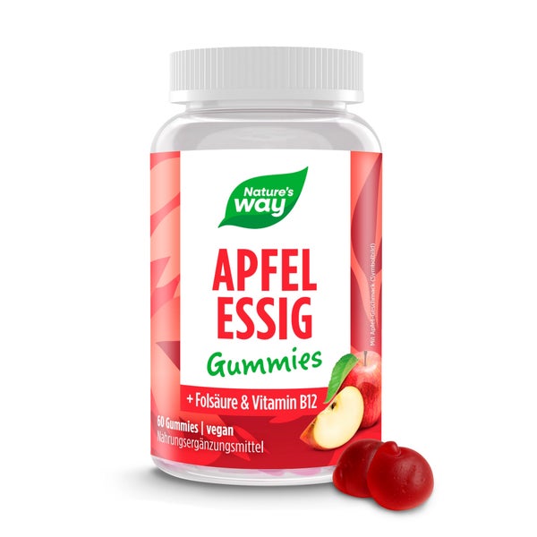 Apfelessig Gummies I 1000 mg Apfelessigpulver, Folsäure, Vitamin B12 I natürlicher Apfelgeschmack... 60 St