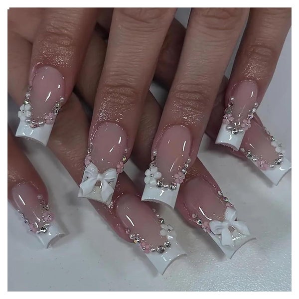 Square French Tip Press on Nails mit Strass und Schleifendes 1 St