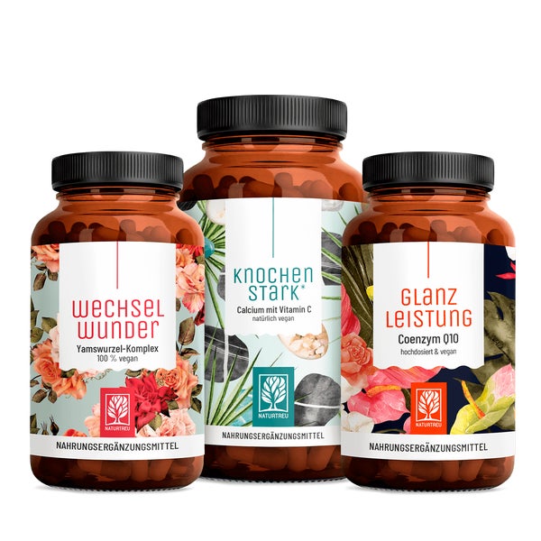 Wechselwohl Paket:Yamswurzel + Baldrian, Calcium + Vitamin C & Coenzym Q10 in einem veganen Bundle - WECHSELWUNDER, KNOCHENSTARK & GLANZLEISTUNG - NATURTREU® 193.1 g