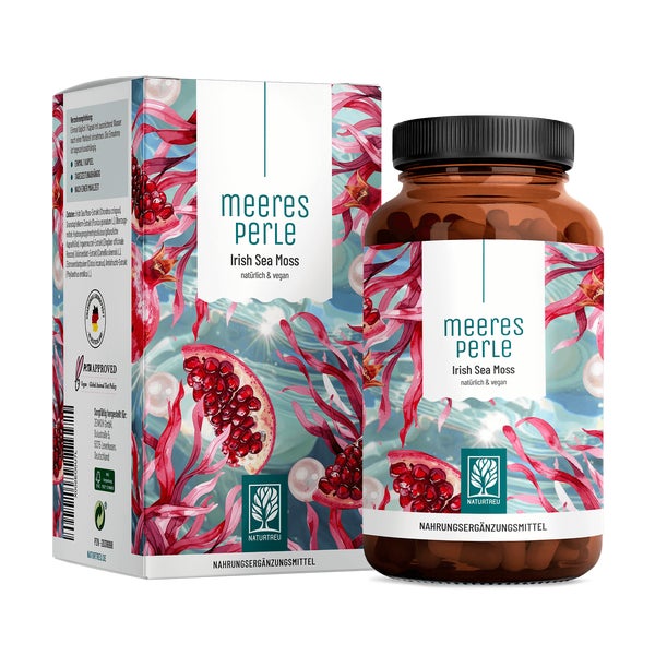 Irish Sea Moss Superfood mit Amla für Vitamin C, Ingwer, Granatapfel, Zistrose & Grüntee - MEERESPERLE - 120 vegane Kapseln für 4 Monate - NATURTREU®  g