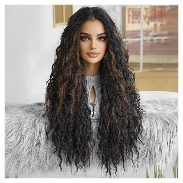 Perücke Damen dunkelbraun blond lang lockig Schwarz gemischt 1 St
