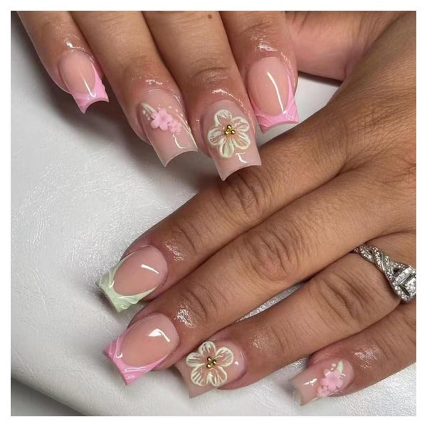 Press on Nails Square Grün Rosa French 3D Blumen FC-C4 1 St