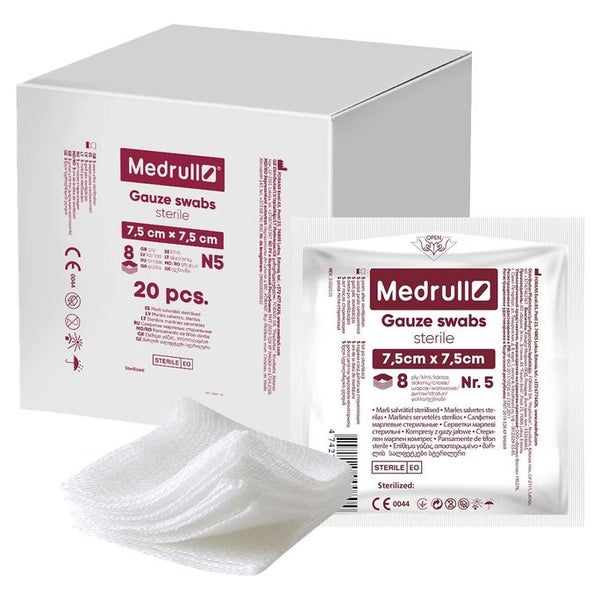 Medrull Mulltupfer - Steril - Nicht klebende Wundauflagen - Extra saugfähig -8-lagig - 5x20 St