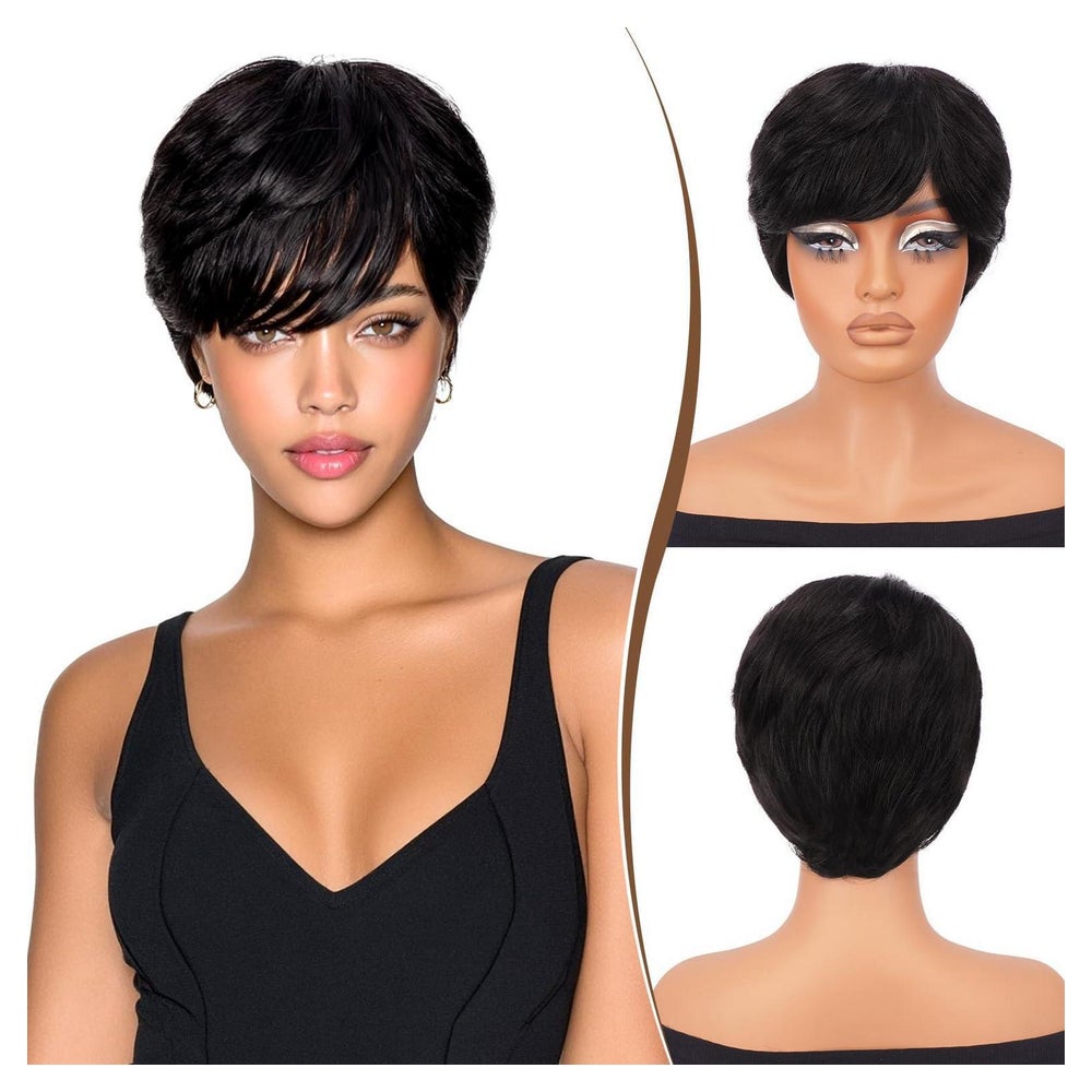 Perücke Pixie Cut Echthaar Kurz Pony Schwarze Frauen 260 1B 1 St