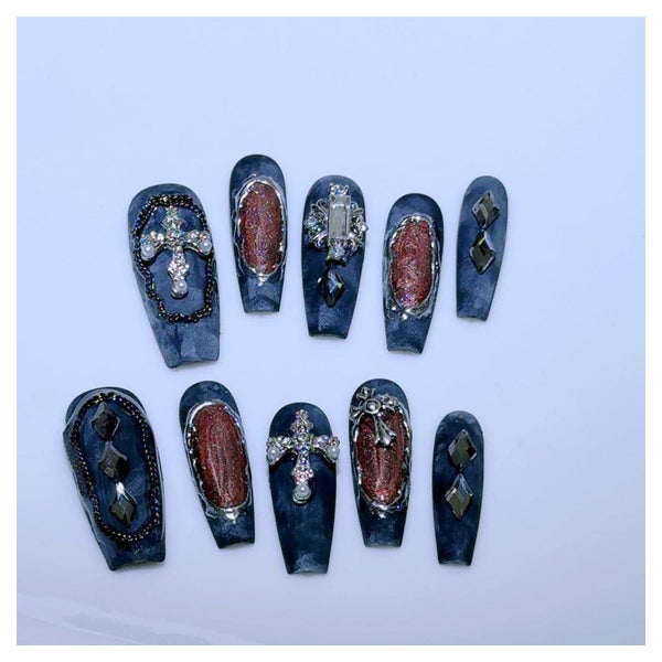 Press On Nails Ballerina Dunkelblau 3D Strass Chrome Y2K 110 1 St