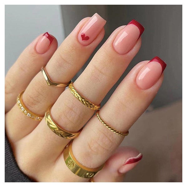 Kunstnägel Rot French Herz Kurz PressOn Red French with One 1 St