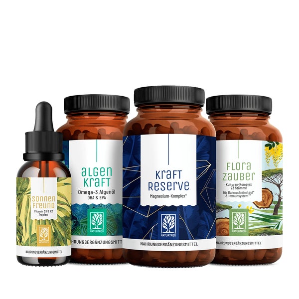 30 Tage Basis Routine Paket aus Sonnenvitamin D3 K2 Omega 3 Algenöl 4 Magnesium-Formen 23 Bakterienkulturen - SONNENFREUND, ALGENKRAFT, KRAFTRESERVE & FLORAZAUBER - vegan natürlich made in Germany - NATURTREU® 117.0 g