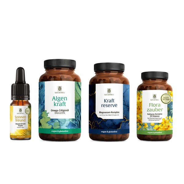 30 Tage Basis Routine Paket aus Sonnenvitamin D3 K2 Omega 3 Algenöl 4 Magnesium-Formen 23 Bakterienkulturen - SONNENFREUND, ALGENKRAFT, KRAFTRESERVE & FLORAZAUBER - vegan natürlich made in Germany - NATURTREU®  g