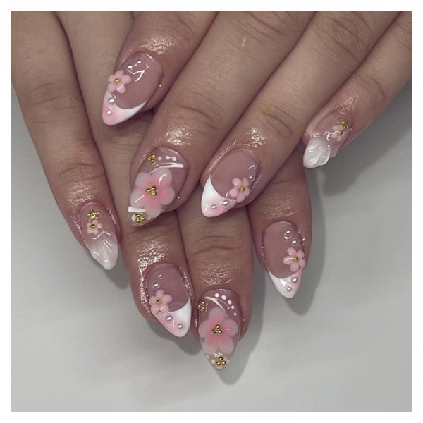 Fingernägel Kurz Almond French 3D Blumen Perle Nagelkleber F 1 St