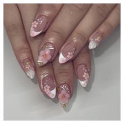 Fingernägel Kurz Almond French 3D Blumen Perle Nagelkleber F 1 St