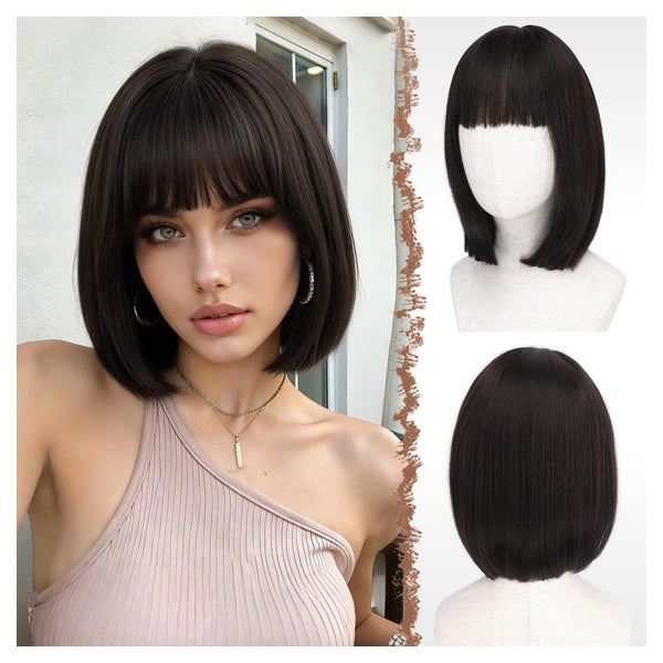 FESHFEN Kurze Bob Perücke 30 cm Schwarz Braun mit Pony, Synthetik