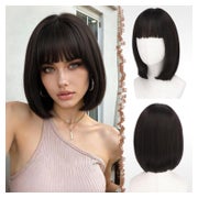 FESHFEN Kurze Bob Perücke 30 cm Schwarz Braun mit Pony, Synthetik