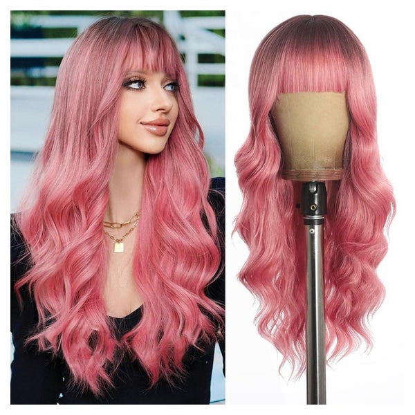 PORSMEER Damen Perücke Lang Lockig Rosa Ombre, Synthetik, 26 Zoll