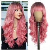 PORSMEER Damen Perücke Lang Lockig Rosa Ombre, Synthetik, 26 Zoll