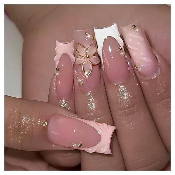 Press On Nails Lang Square Nude French 3D Gold Pearl AKB24 1 St