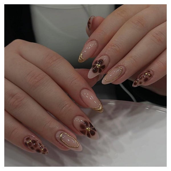 Fingernägel Kurz Almond Nude 3D Gold French Acryl YH3 1 St