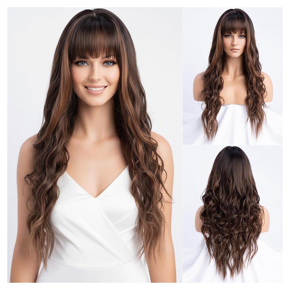Perücke lang gewellt Pony Damen Locken Braun mit 2 Strähnen 1 St