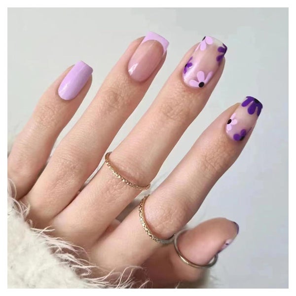 Künstliche Nägel 24er Set lila French Blumen kurz quadratisc 1 St