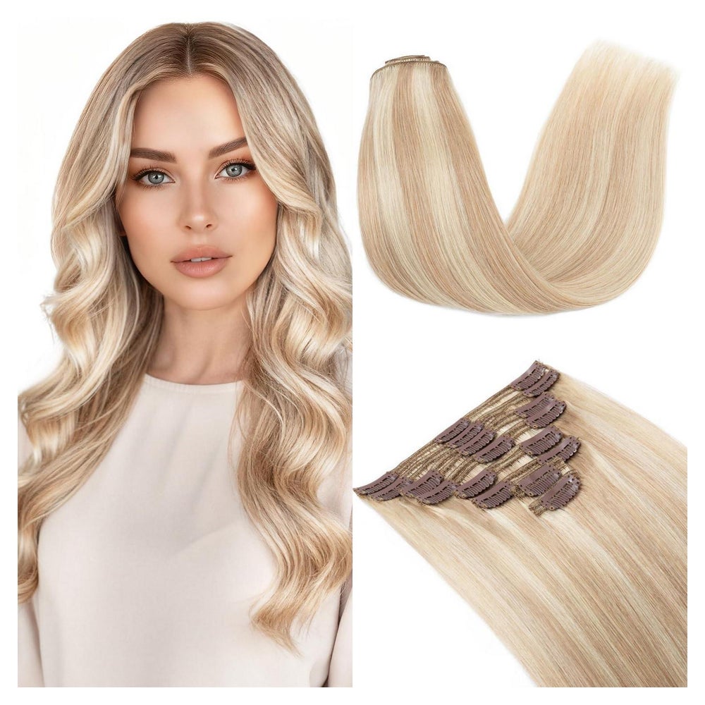 Haarverlängerung Clip in Echthaar 18P613 Ascheblond blond 25 1 St