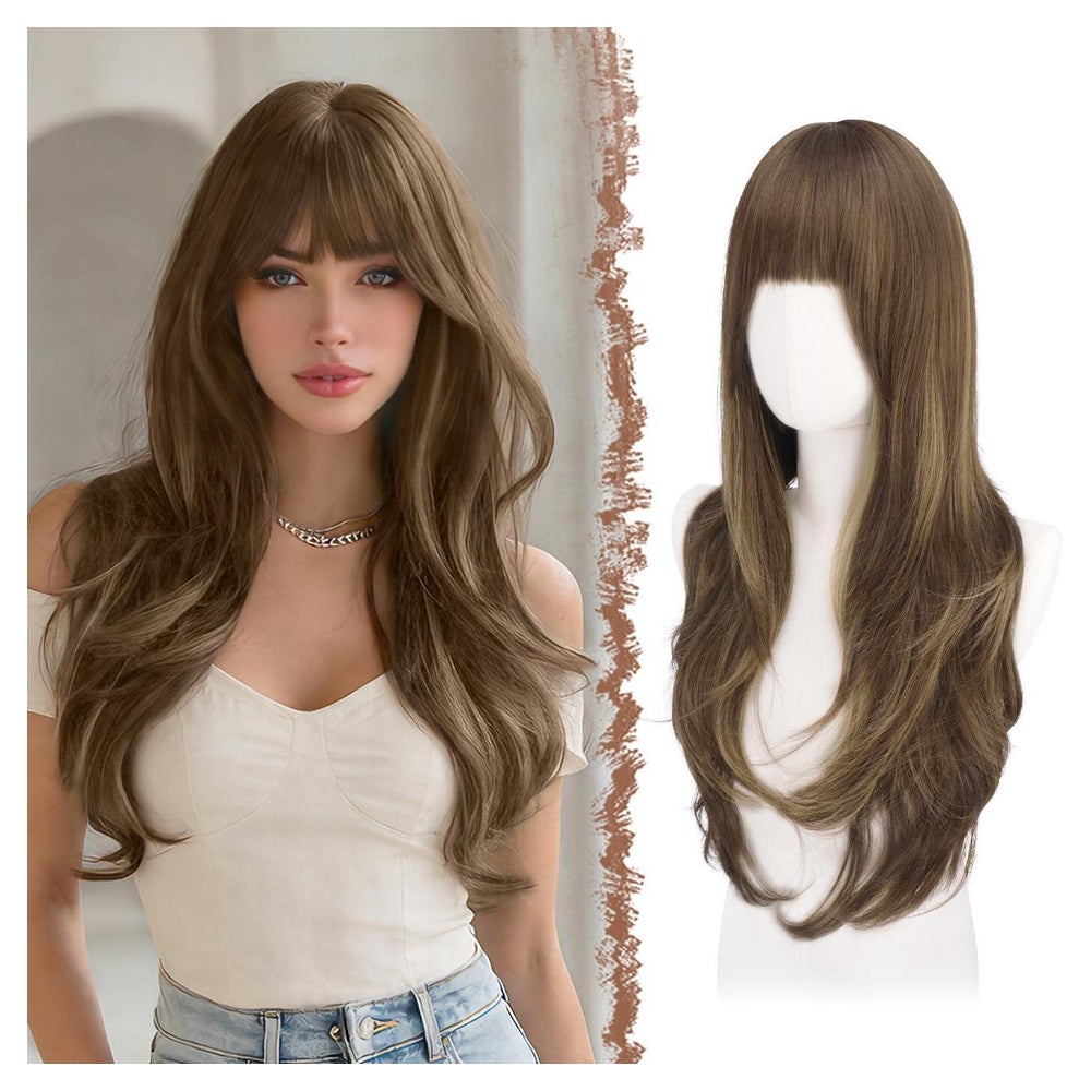 Perücke Damen lang Pony Honigblond Gemischt Hellbraun 65 cm 1 St