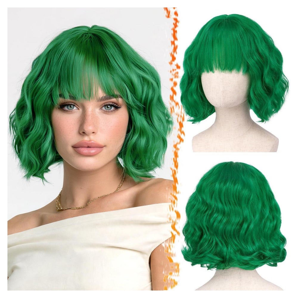 Perücke Kurze Gewellt Pony Synthetisch Lockig French Bob Grü 1 St