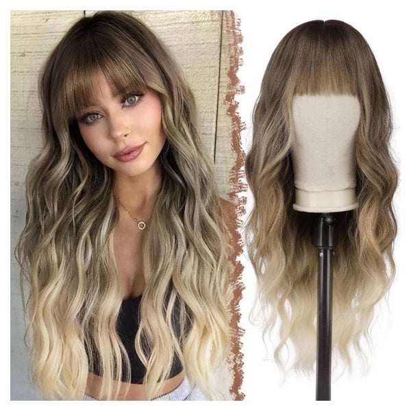FESHFEN Ombre Perücke mit Pony - Lange Gewellte Synthetik Haare, Blond Mix