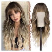 FESHFEN Ombre Perücke mit Pony - Lange Gewellte Synthetik Haare, Blond Mix