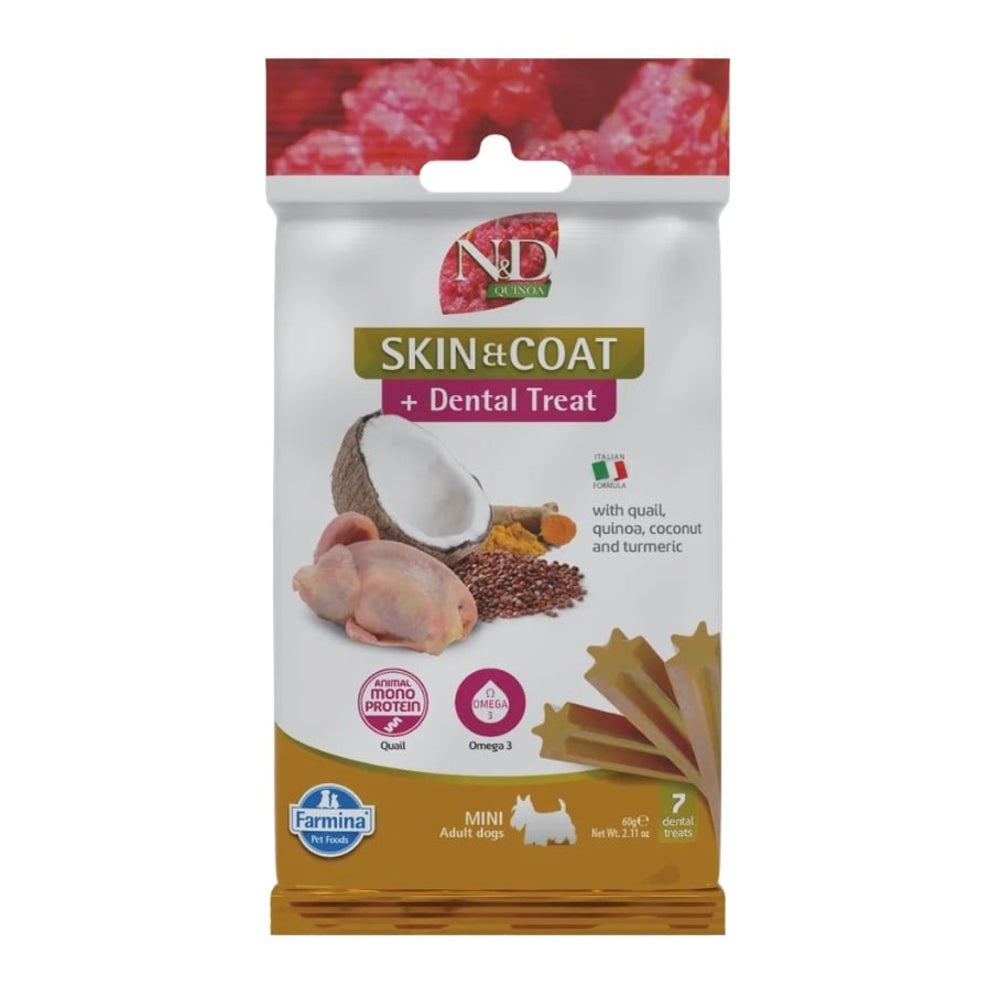 FARMINA N&D Quinoa Dental Treat Skin Coat Quail Mini (7 szt) dentale Leckerei für kleine Hunderassen 0,06 kg