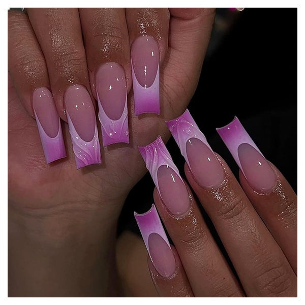 24 Squoval Lange Press on Nägel Lila Pink French Tip Acryl 3 1 St