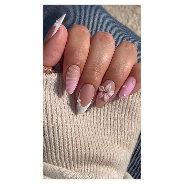 Künstliche Fingernägel Almond French 3D Blumen Nagelkleber Y 1 St