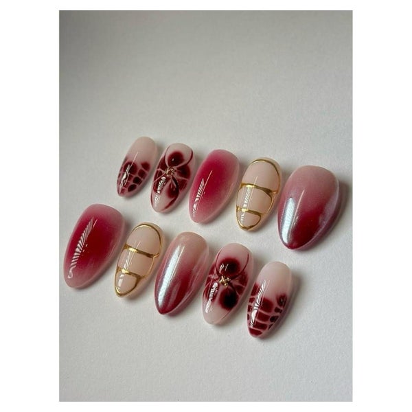 Künstliche Nägel Kurz Almond Burgundy Gold Nagelkleber YH2 1 St